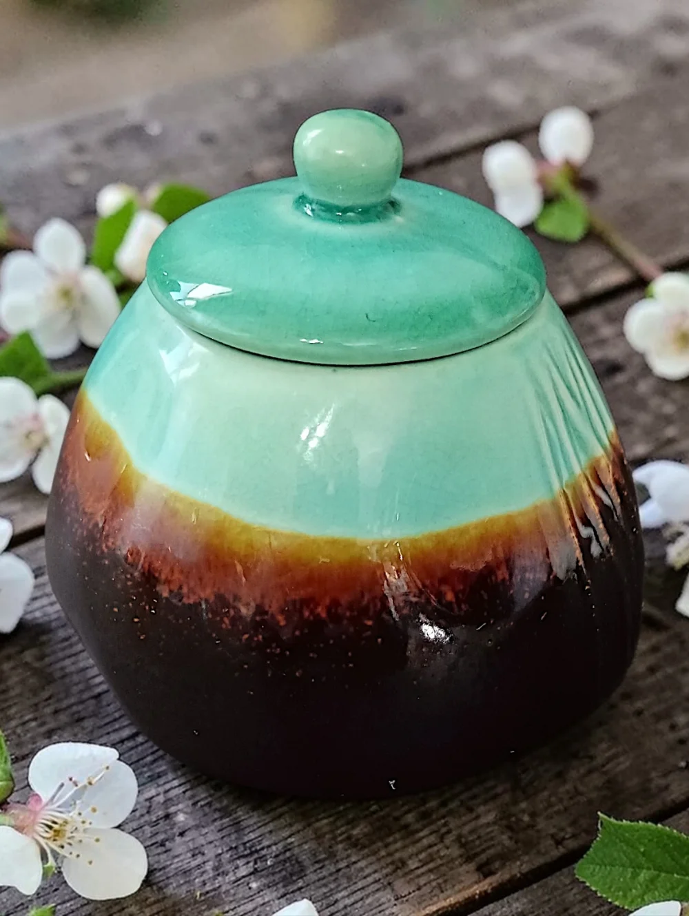 Baum Galaxy‎ Jade Sugar Bowl With Lid Aqua Brown Pottery Farmhouse Rustic Boho
